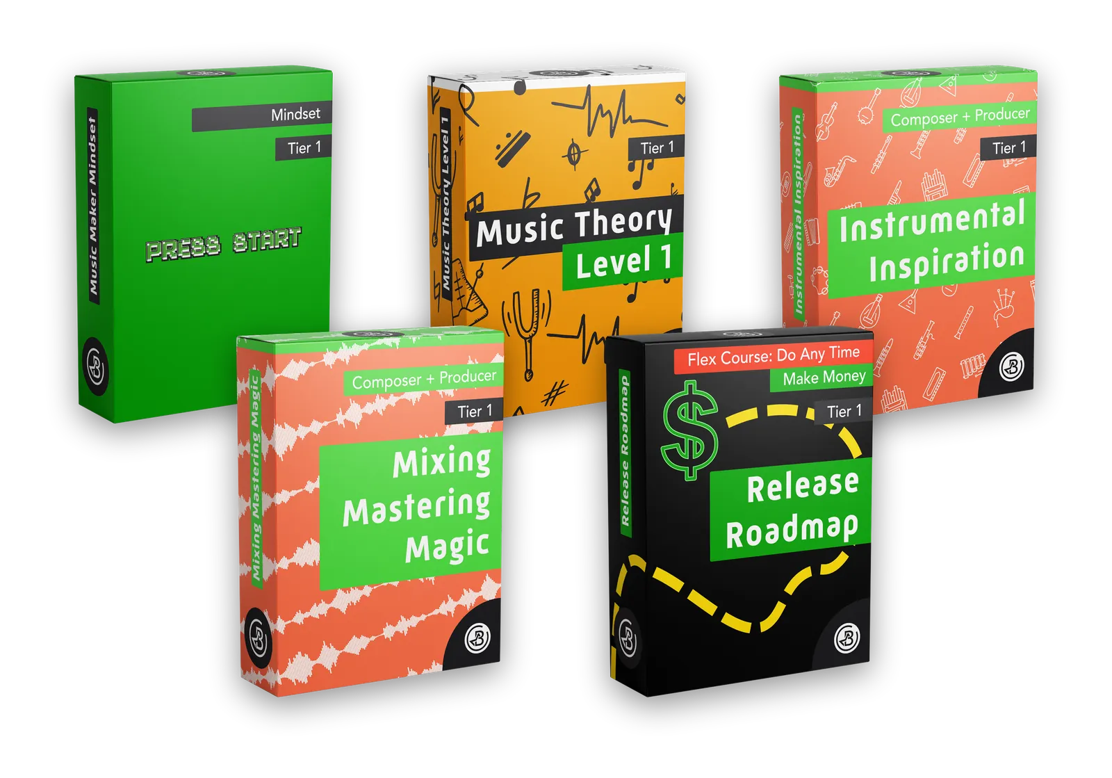 The five Release Runway courses: Music Maker Mindset, Music Theory Level 1, Instrumental Inspiration, Mixing Mastering Magic, and Release Roadmap