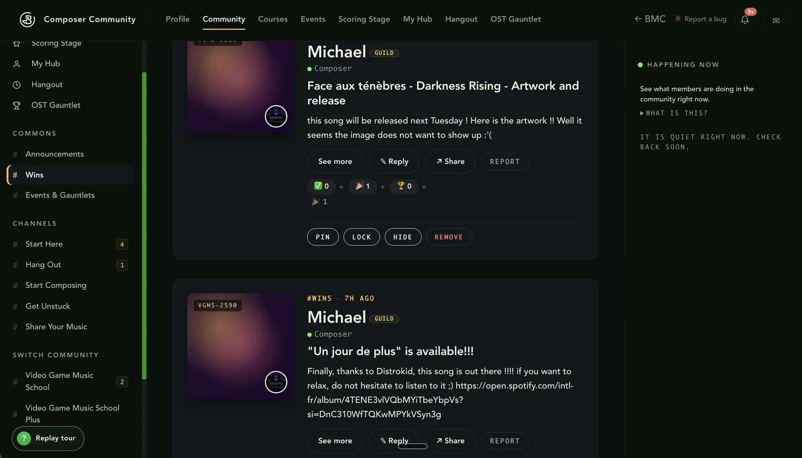 Screenshot of the Composer Community Wins channel, where members share their released tracks
