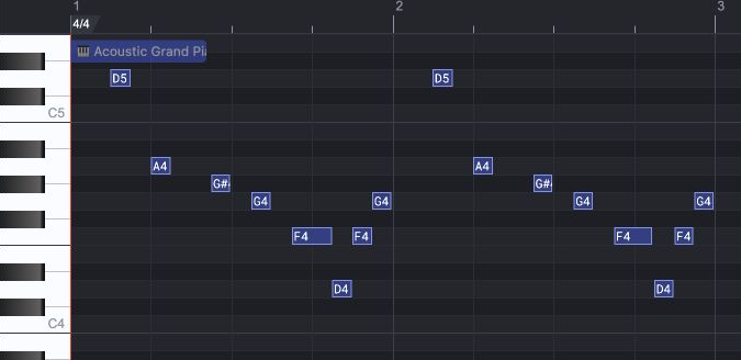 Piano-roll view of the upper figure alone, with gaps at the omitted low-note attacks.