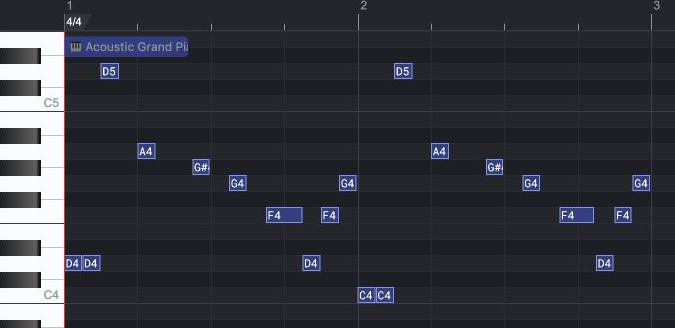 Piano-roll view of the complete two-bar riff with the low notes restored.