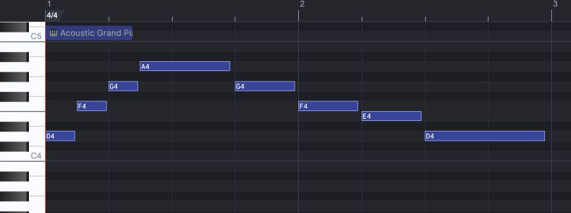 Piano-roll view of the same pitch sequence with varied spacing and longer held notes.