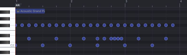 Piano-roll view showing the extra snare attacks in bar 2 and the unchanged groove in bar 3.